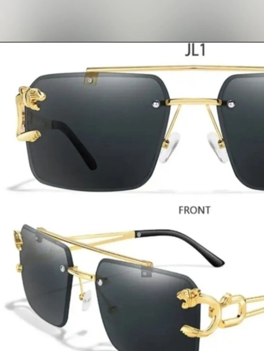 Gold Frame Black Lens Men's Sunglasses with Panther Temple Detail